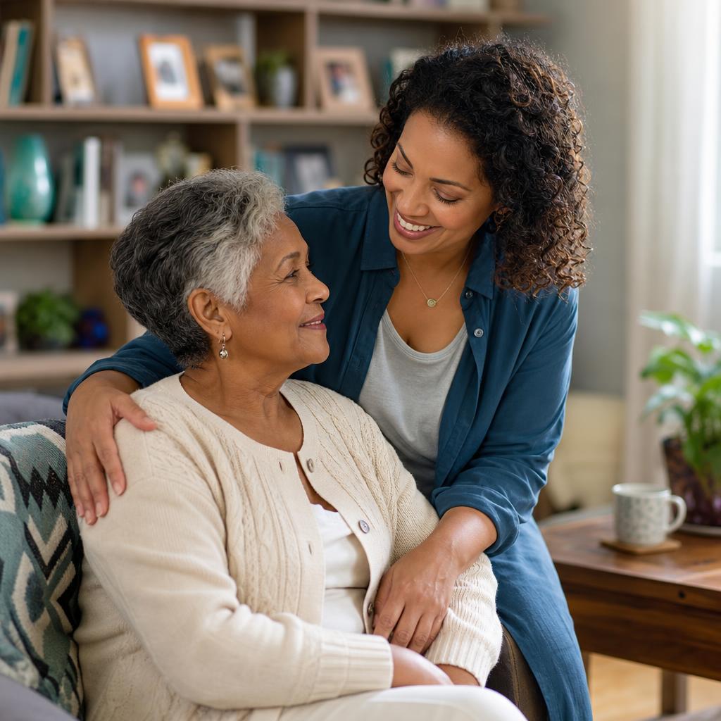 Family member lovingly caring for an elderly relative at home